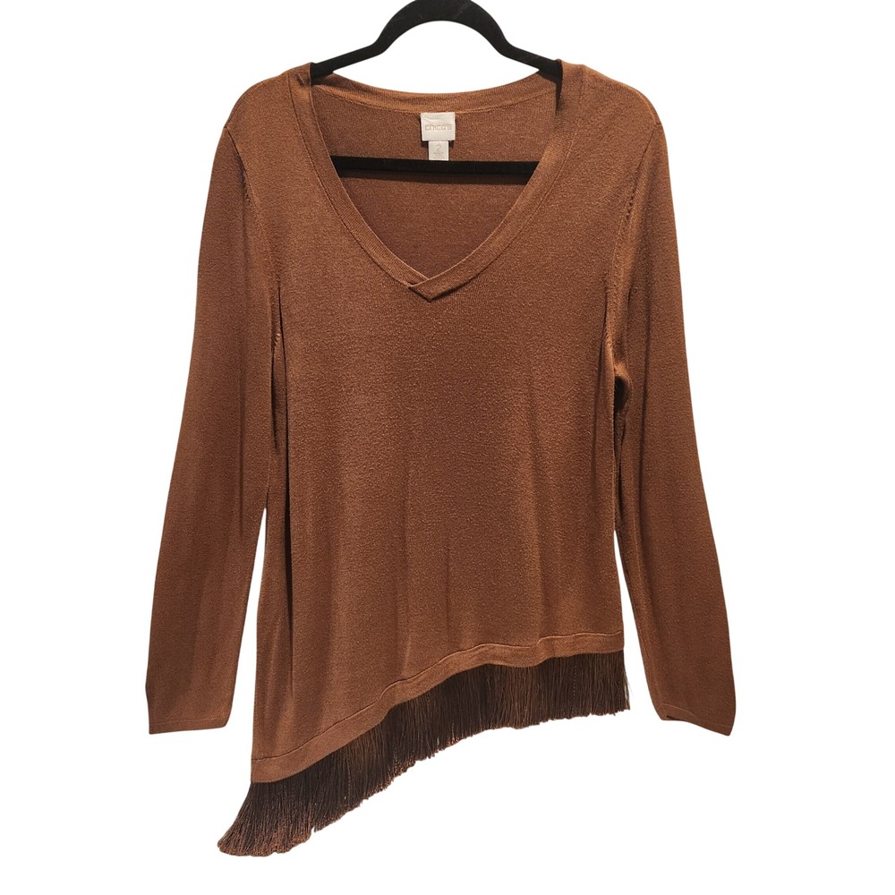 Chicos Copper Knit Asymmetrical Fringe Sweater Large 12/14 Boho Chic Western